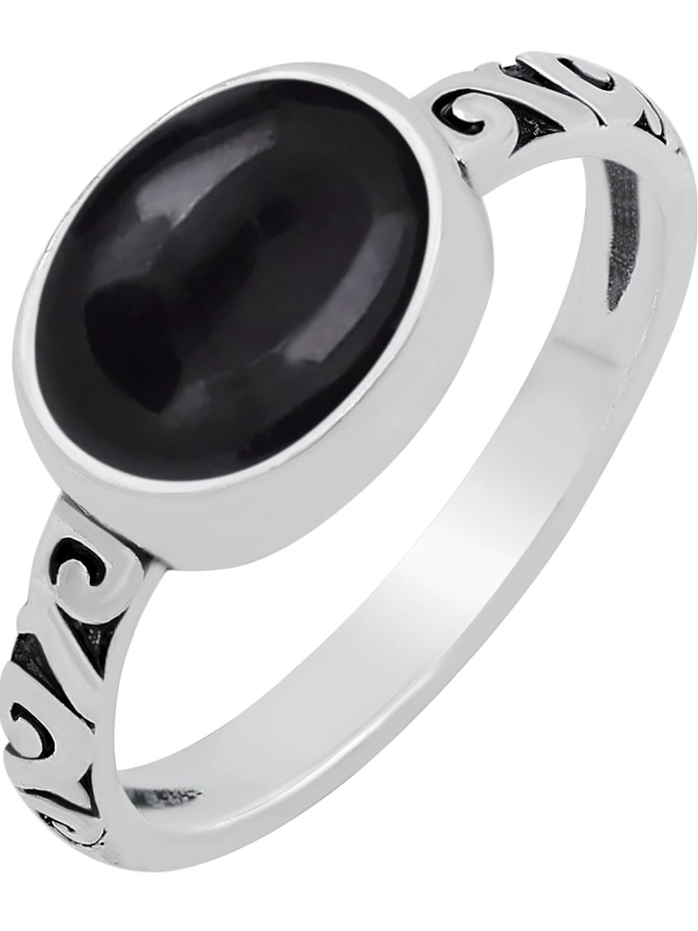 Sterling Silver Black Onyx Oval Ring - Elegant Women's Jewelry